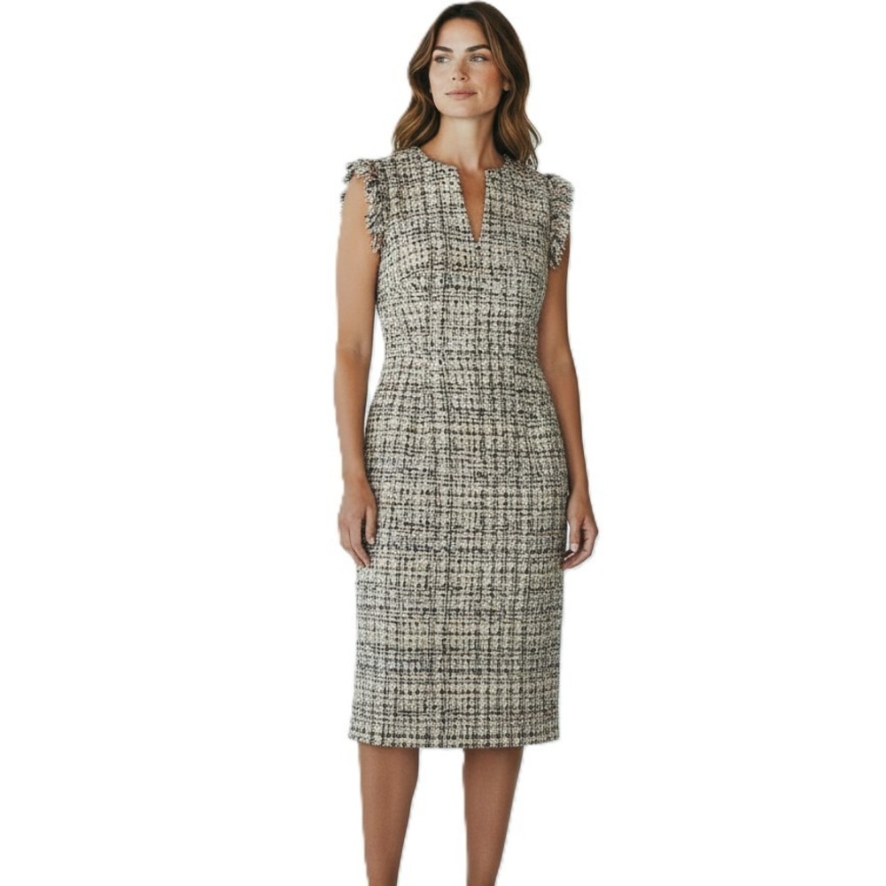 St John French Tweed Midi Sheath Dress 14 Multicolor Sleeveless Slub Yarn NWT